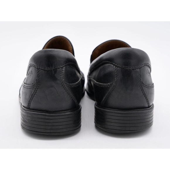 Clarks Shoes Mens 10.5 Black Leather Loafers Apron Toe Slip On Comfort Cushioned - Picture 8 of 10